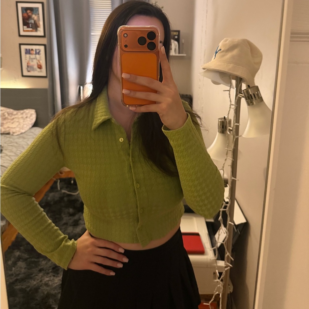 Vibrant Lime Button-Down Cropped Shirt